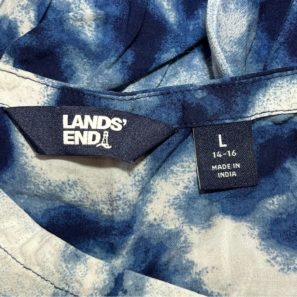 Lands' End Tie Dye Swim Cover Up Womens Large Blue Drawstring Waist Dress Tunic